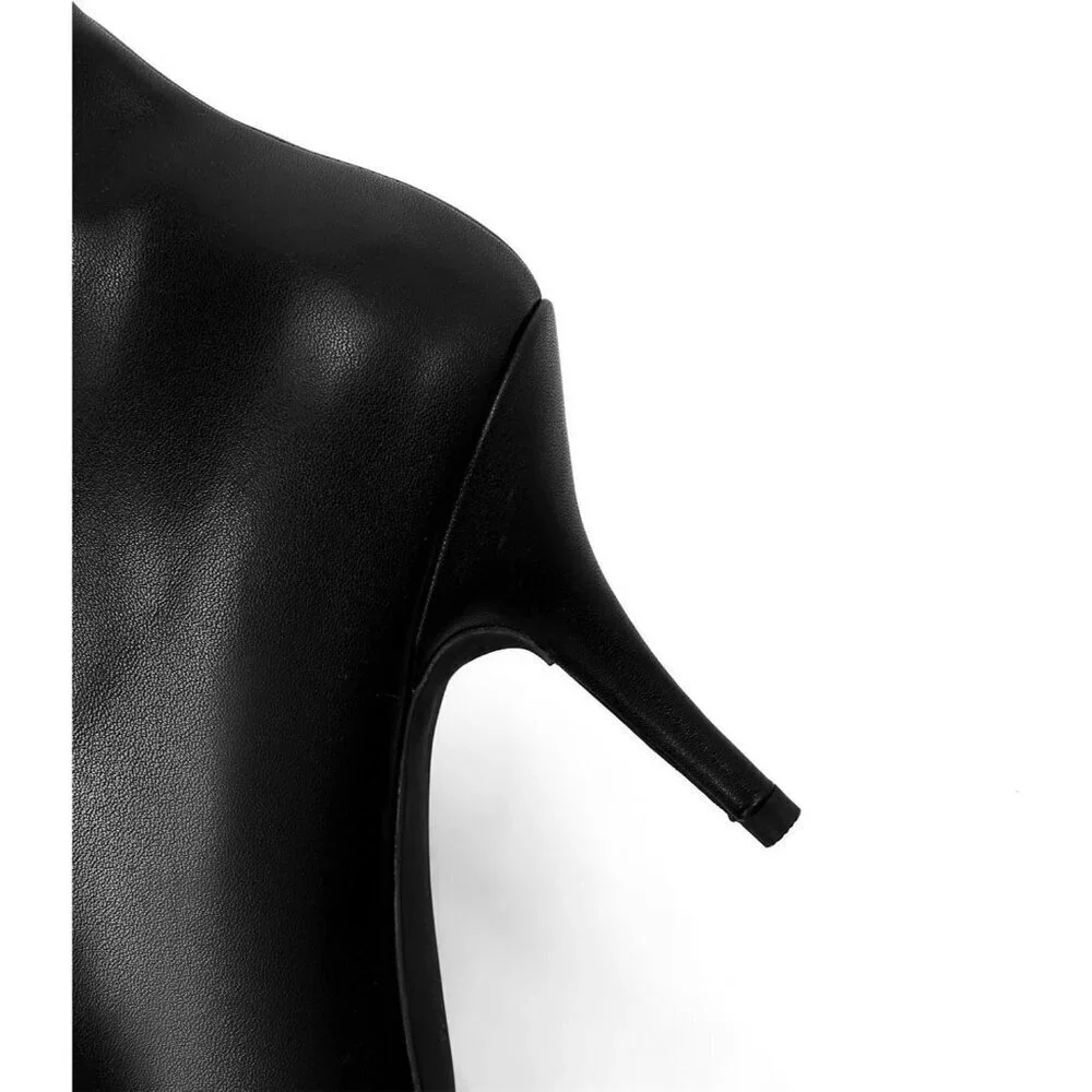 Women's Black Faux Leather Wide Calf Thigh High Heeled Stiletto Cone Heel Boots